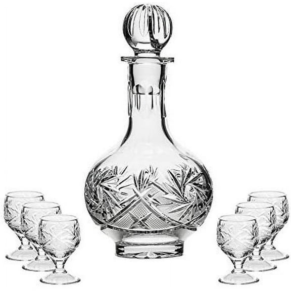 Set of 12 Oz. Crystal Decanter and Six 1.5 Oz. Vodka Shot Glasses, Hand-Made Crystal Cut Liquor Sherry Shots and Carafe with Stopper, 1 6-Piece Set