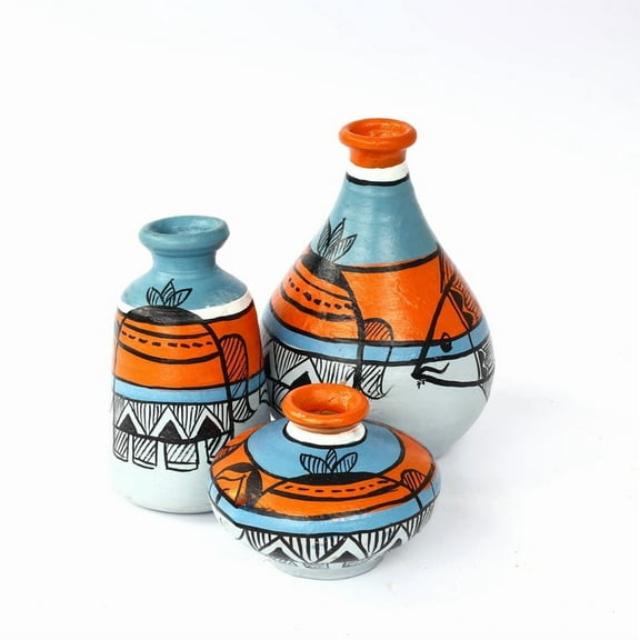 Handcrafted Multicolour Terracotta Pots for Home Decor - Set of 3 - Madhubani Hand Painting