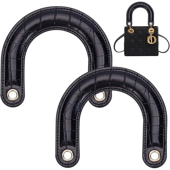 PU Leather Bag Handles 2pcs U-Shaped Handbags Handles Replacement Leather Purse Handles with Iron Grommets Handmade Crochet Beach Bag Straw Bag Black