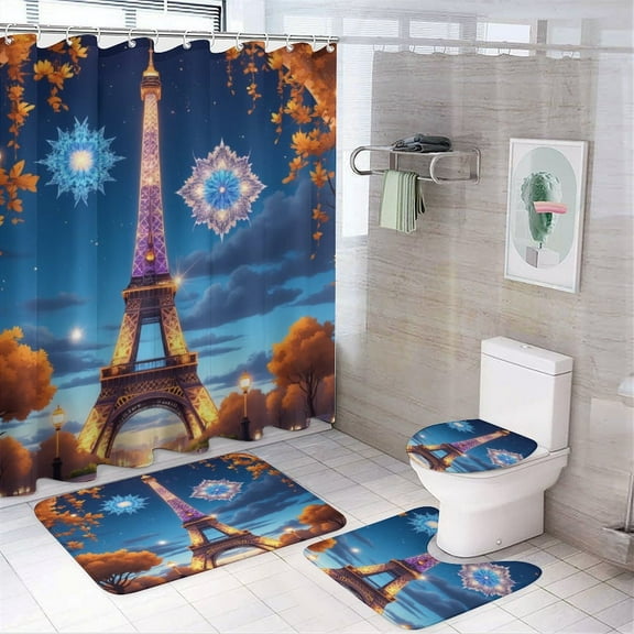 Eiffel Tower Autumn Night Shower Curtain Sets Non-Slip Rugs Bath Mat Toilet Cover U Shaped Mat 4 Pcs
