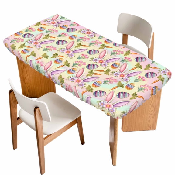 Easter Table Cloths for 3 Foot Rectangle Tables, Spring Colorful Rabbit Ears Eggs Flowers Carrots Patio Waterproof Elastic Fitted Tablecloths, Washable Rectangular Table Cover for Camping