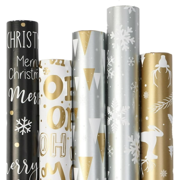 5 Rolls Christmas Wrapping Paper with Cut Lines on Reverse, Colorful Black Gold Silver Coated Gift Wrap Paper Roll with Reindeer, Woodlands, Snowflake 17 Inch x 3m
