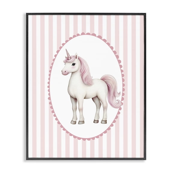 Gentle Unicorn on Pink Stripes Black Framed Giclee Art, design by Christine Simpson Art