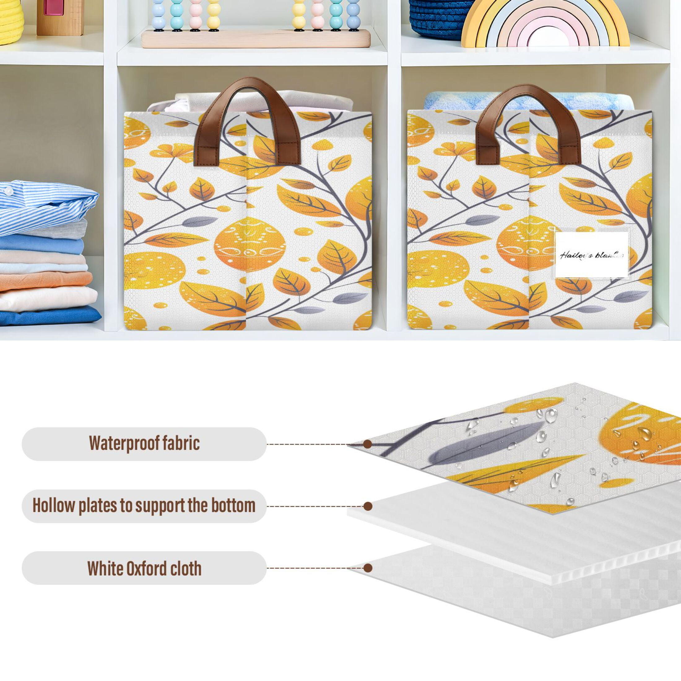 Ryvnso Easters Egg and Leaves Storage Bins Large Basket Foldable Cube Toys Organizer with Handles 2 PCs