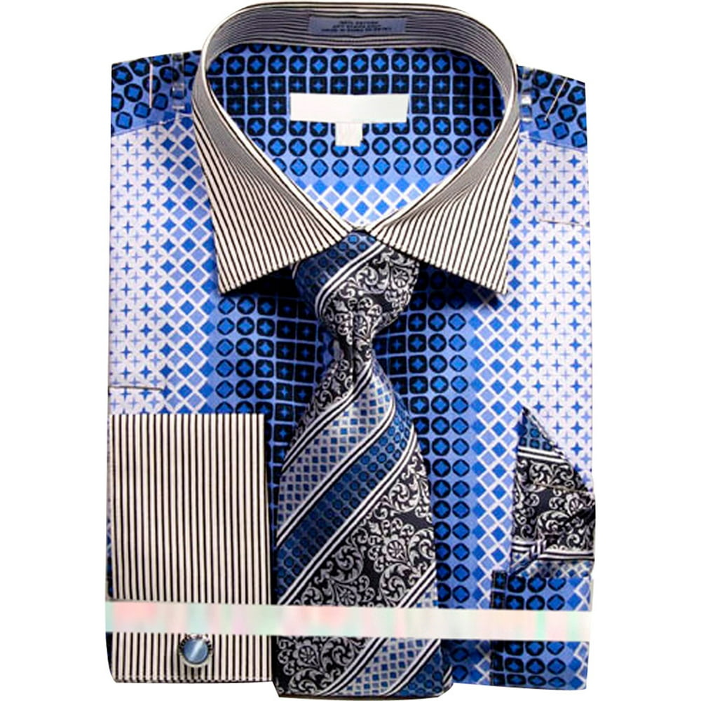 Sunrise Outlet - Men's Geometric Pattern Dress Shirt with Tie Handkerchief and Cufflinks