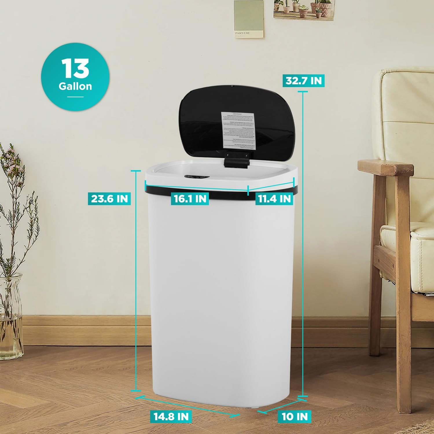 PayLessHere 13Gal Trash Can - Touchless Automatic Lid, Plastic Garbage Can for Kitchen  (2, White)