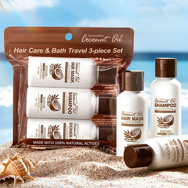 Kit de viaje de 3 piezas para cabello y baño con aceite de copra: champú, gel de ducha y mascarilla capilar de 150 ml.