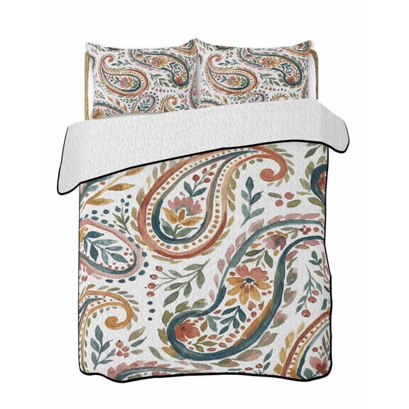 Twin XL Quilt Bedding Set, Paisley Flower Reversible Summer Quilt 3 Pieces, Spring Watercolor Floral Leaf Plant Lightweight Bedspreads Coverlets with 2 Pillow Shams for All Seasons