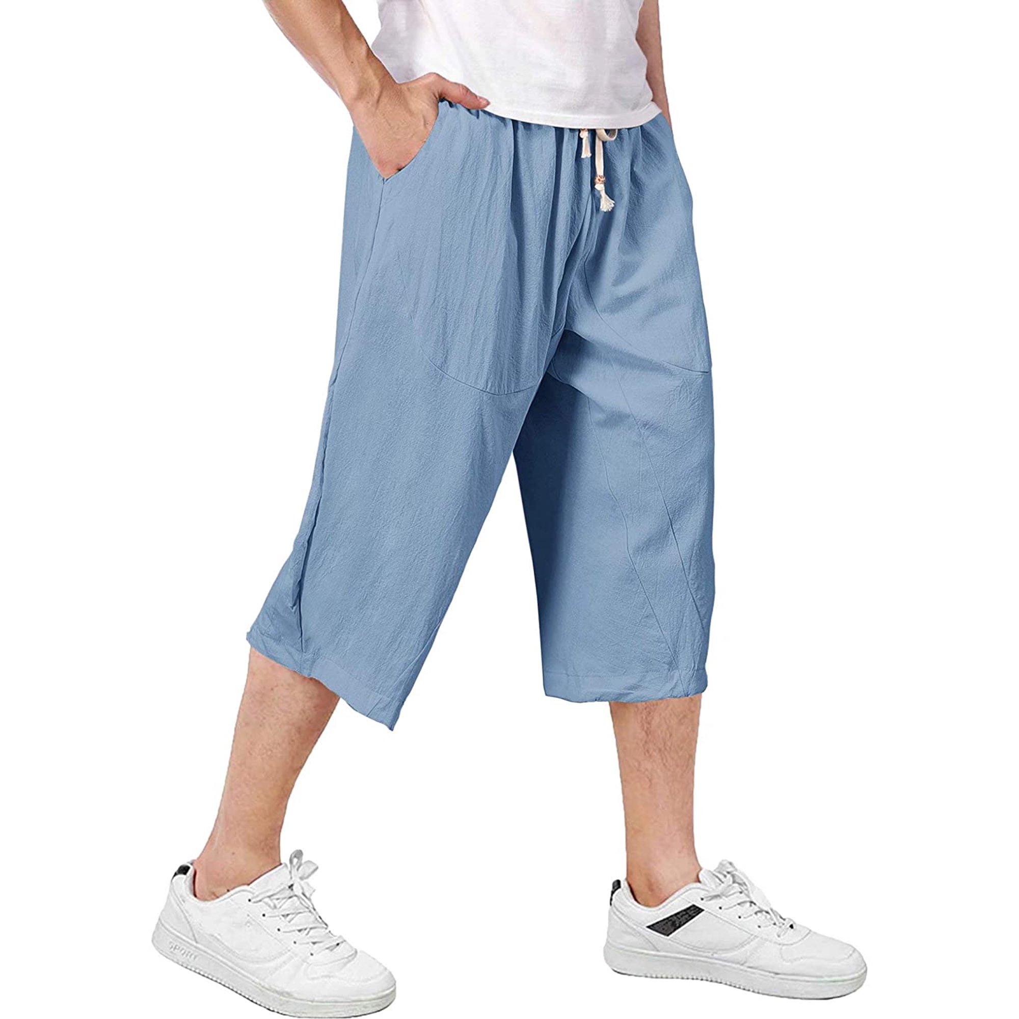 FanShowMen's Capri Pants with 4 Pockets Linen Shorts Baggy Wide