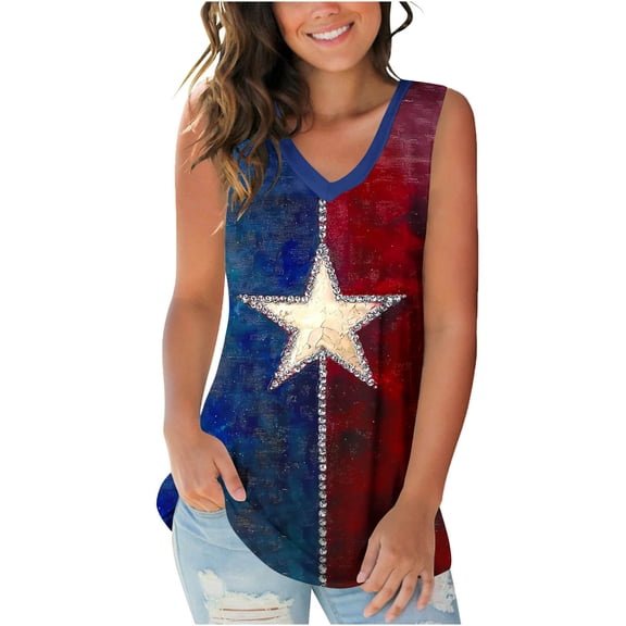 Women's 4Th of July Patriotic American Flag Print Tank Top, V Neck Sleeveless Casual Top
