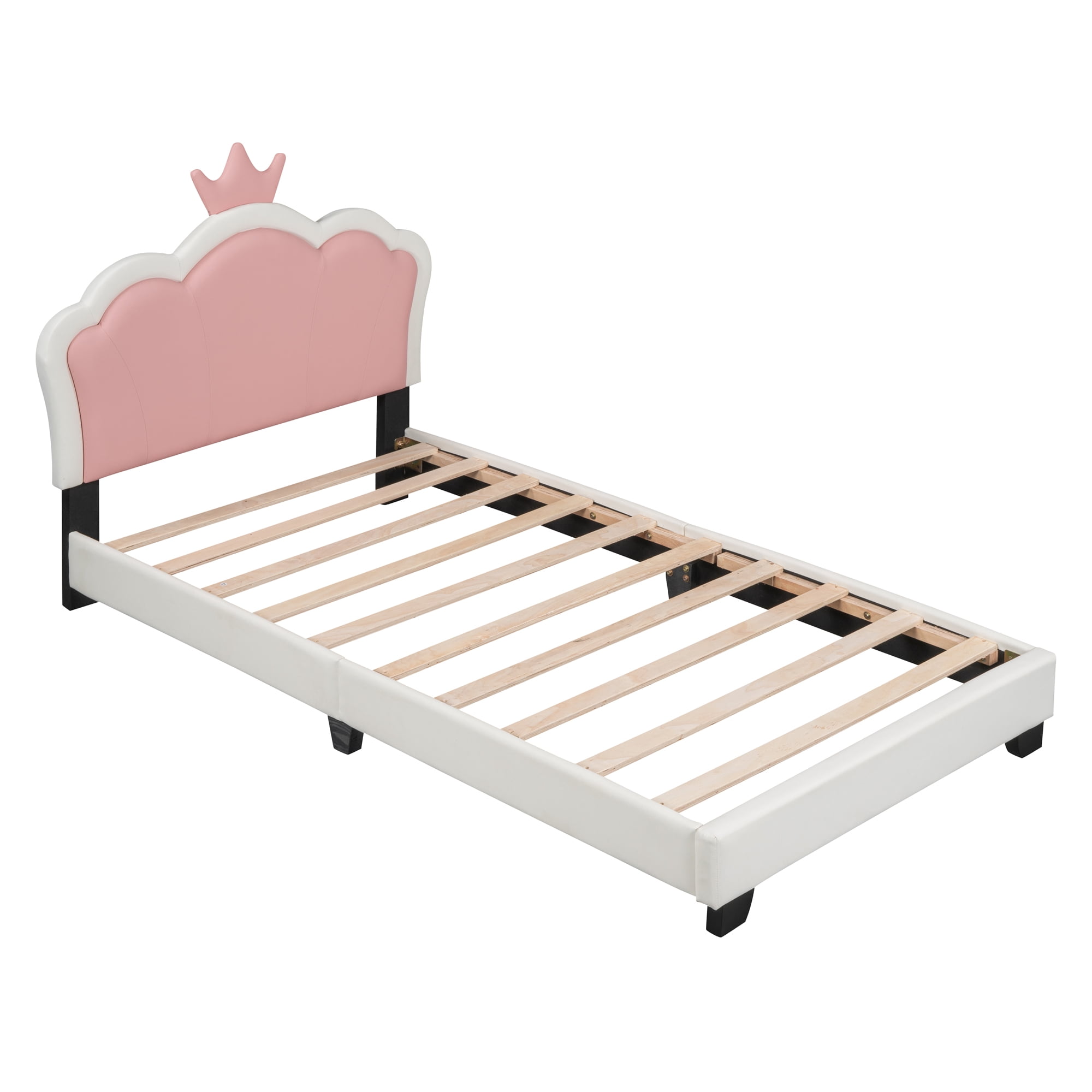 Euroco Wood Twin Size Platform Bed with Crown Headboard and for Kids, White
