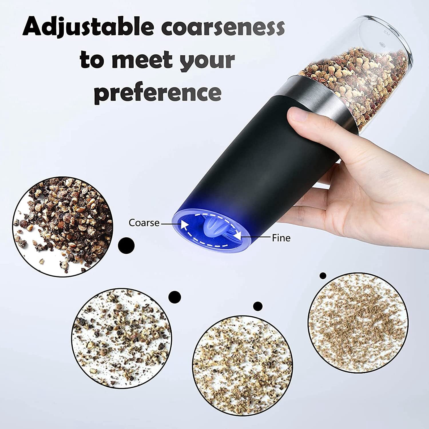 XEENSO 2 Pack Electric Pepper and Salt Grinder Set, Adjustable Coarseness, Battery Powered with LED Light, One Hand Automatic Operation, Stainless Steel, Black