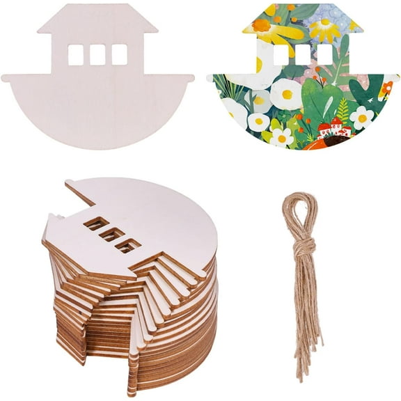 40 Pcs Wood Noah's Ark Cutouts Wooden Cutouts with 4 Pcs Jute Cord Wood Pendants DIY Crafts for Wedding Birthday Party Decorations 2.95×3.93×0.098 inch