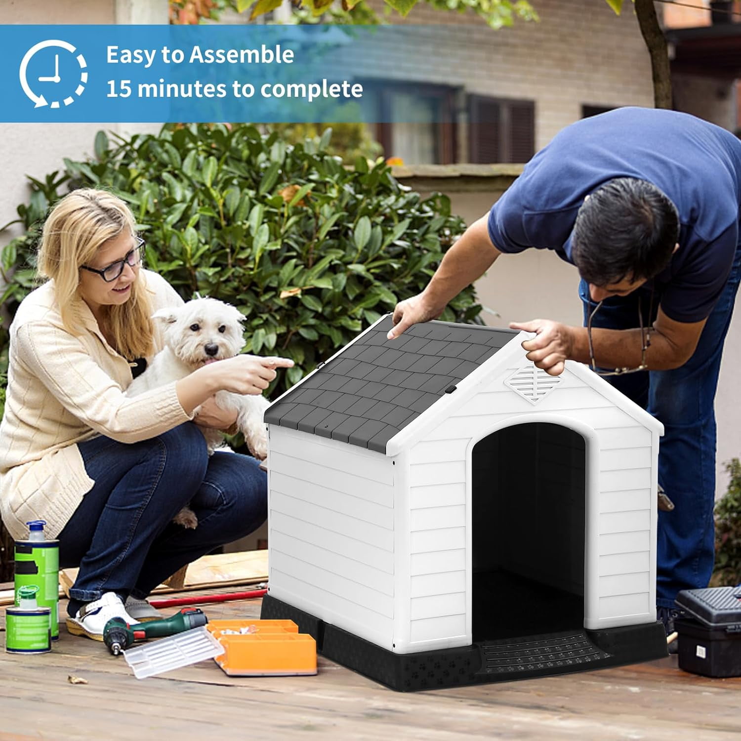 Dkelincs 28 inch Durable Plastic Dog House Indoor Outdoor Weatherproof Pet House with Air Vents and Elevated Floor, Gray