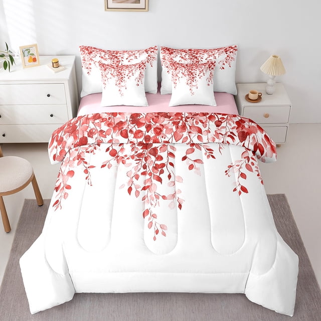 Erosebridal Chic Leaf Bedding Twin Comforter Set, Tropical Botanical Down Comforter, Eucalyptus Decor, Reversible 7 Pieces