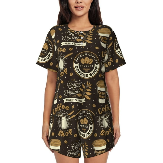 Fotbe coffee shop house Conjunto de Pijama Estampado para Mujer, 2 Piezas, Ropa de Dormir con Camiseta de Manga Corta y Shorts Suaves-Small