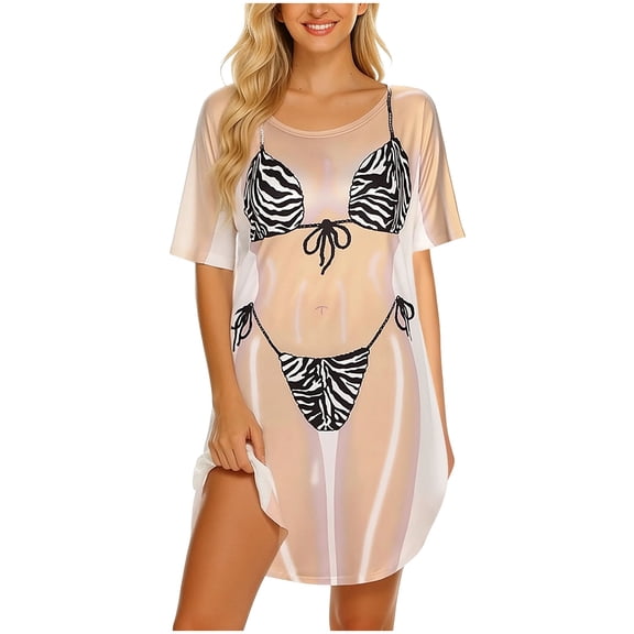 TIHLMK Women's Bikini Cover Up Dresses Cute Bikini Print Short Sleeve Crew Neck Beach Swimsuit Cover Up, Casual Bathingsuit Shirt Dresses