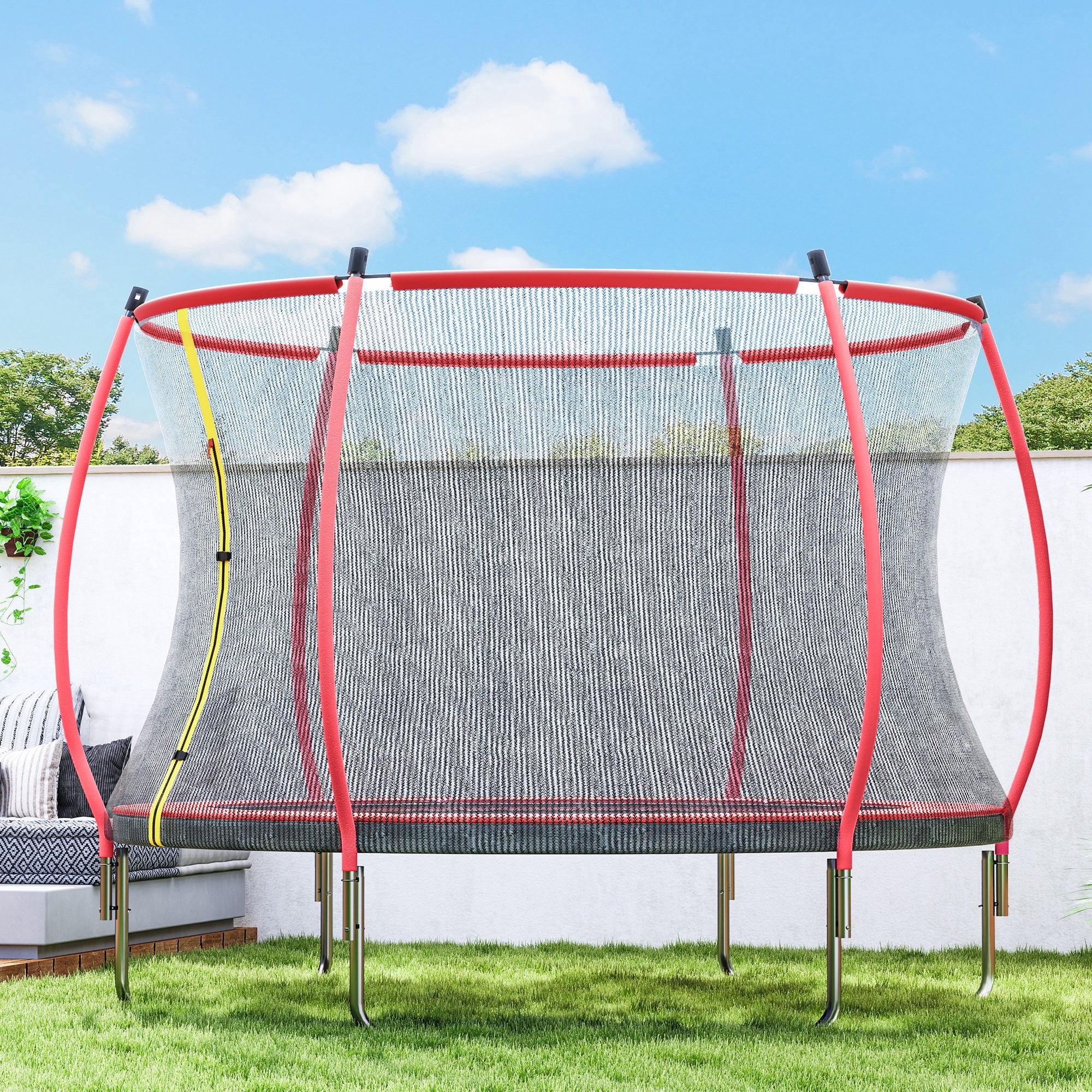 Soozier 10ft Outdoor Trampoline with Net Enclosure, Curved Poles and Safety Spring Cover,  Red