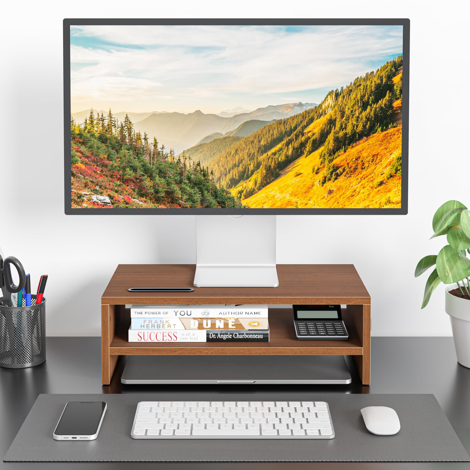 Wooden Monitor Stand Riser  2-tier Desk Shelf With Storage Organizer Computer Cable Management Cellphone Holder Walnut 16.5 Inch