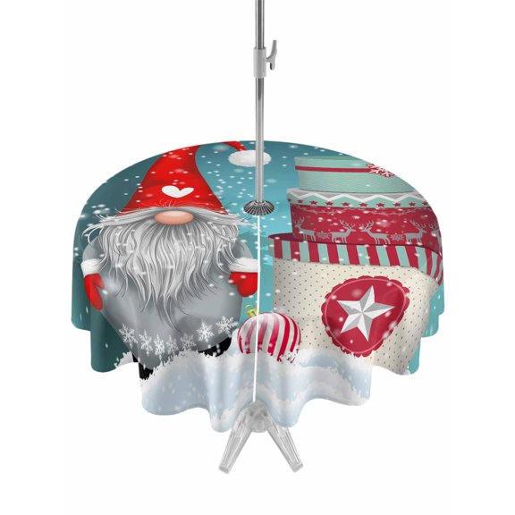 Outdoor Tablecloth with Umbrella Hole and Zipper, Teal Christmas Gnomes Round Table Cloth 60 Inch Waterproof Tablecloth, Xmas Snowflake Gifts Picnic Table Cover for Patio Camping