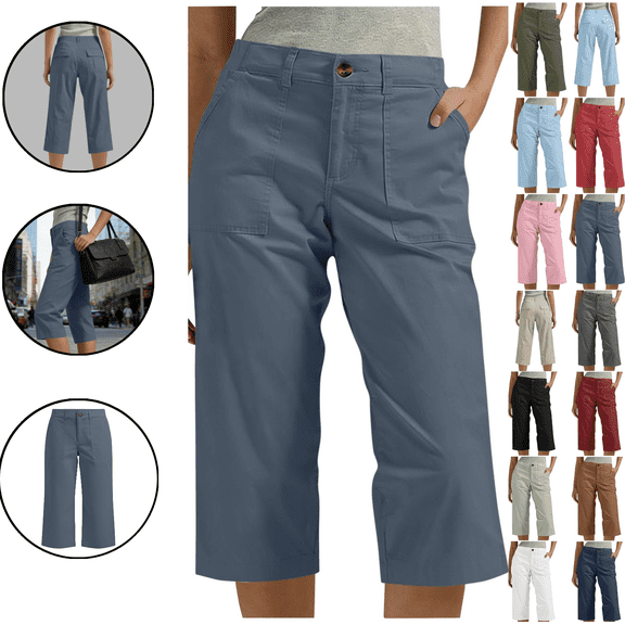 LEKWK Capri Pants for Women Straight Leg Lightweight Mid Rise Button Waist Cropped Capri Pants with Pockets Cuffed Hem Casual Work Travel Everyday Wear Blue S