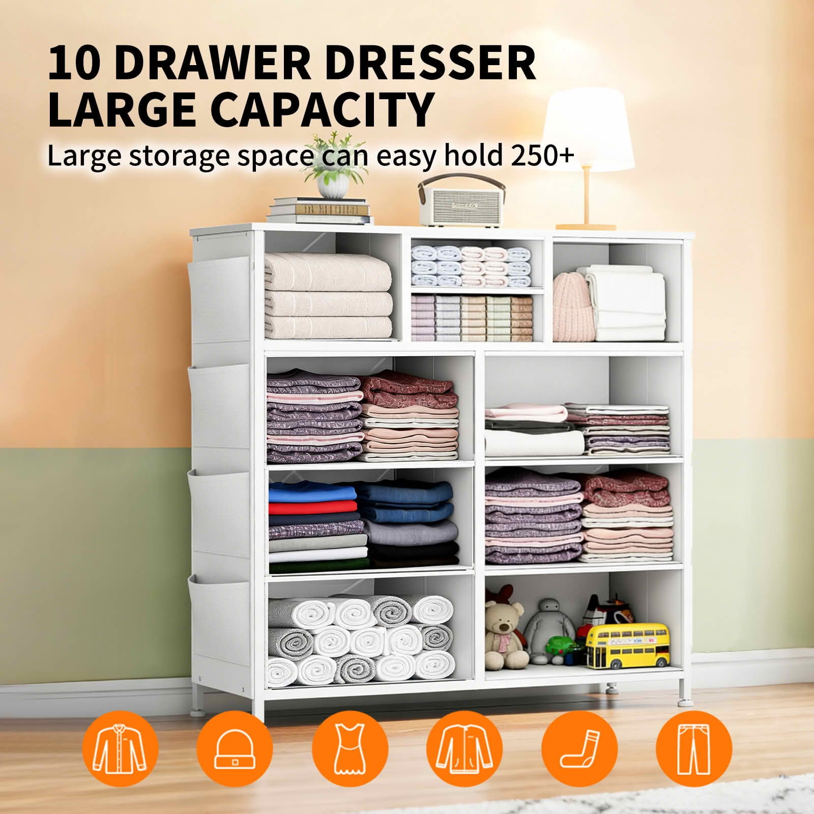 MAYEERTY 10-Drawer Storage Dresser, Cabinet with Side Pocket Hooks Wood Top for Bedroom Closet