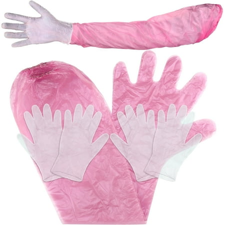 Honeydak 30 Pairs Field Dressing Gloves Disposable PVC Hunting Deer Gutting Cleaning Gloves with Long and Short Mitten Combo (Pink)