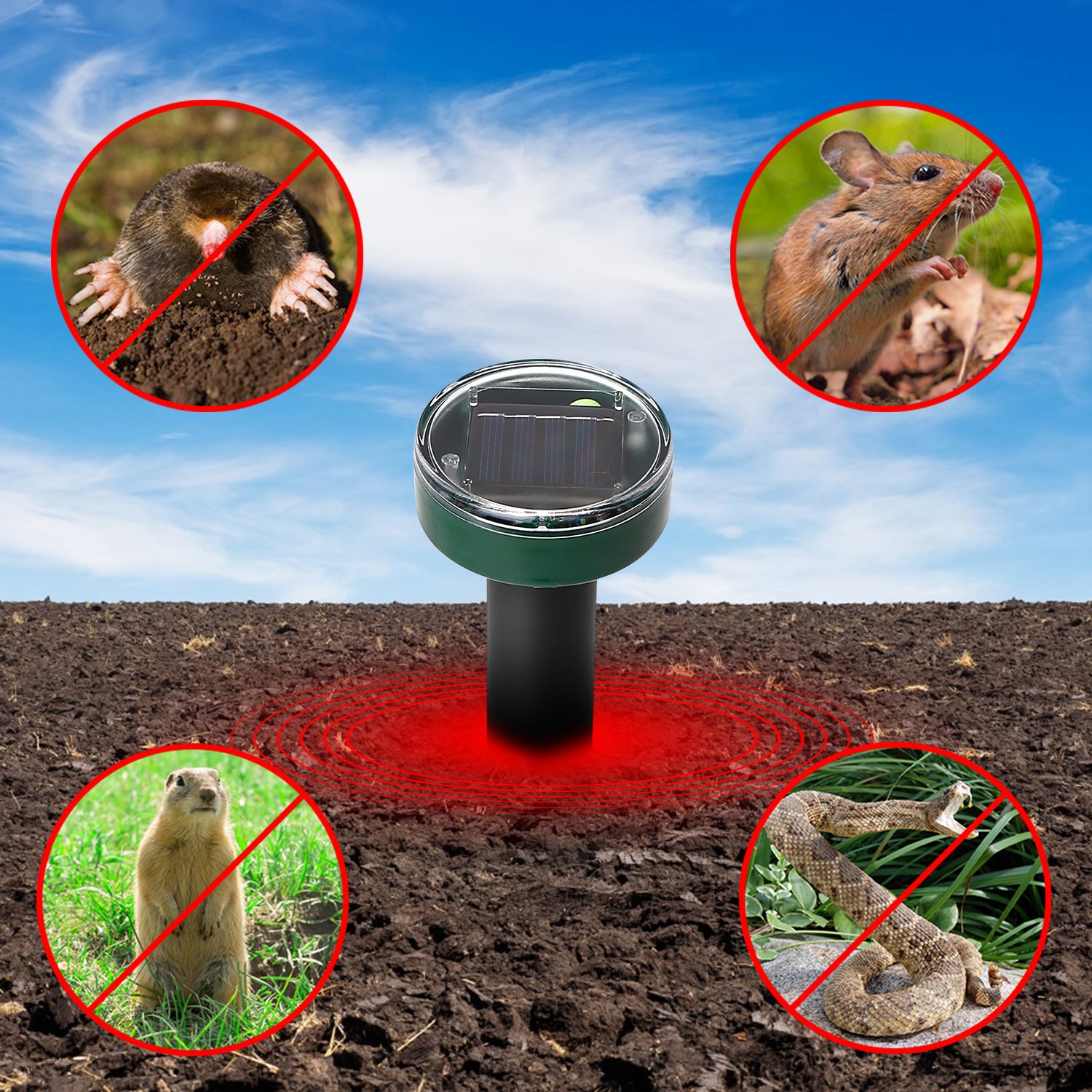 4 Pack Solar Mole Repeller, Ultrasonic 400-1000Hz Vibration Rodent Repellent, Waterproof Outdoor Animal Deterrent for Garden Farm Yard Patio, Repel Mole Gopher Vole