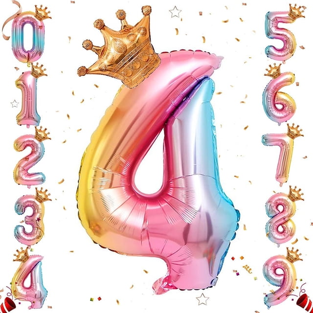 Globo de papel de helio con números, globos con números de arcoíris de 32 pulgadas con corona para cumpleaños, decoraciones de fiesta de cumpleaños (#4) JM