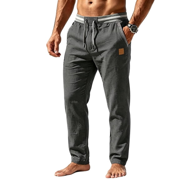 Rvwovn Men’s Breathable Casual Pants, Striped Waistband Drawstring Trousers for Summer Daily Wear