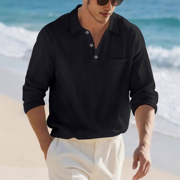 Resicozy Mens Polo Shirts Casual Long Sleeve Athletic T-Shirts Classic Linen Collar Shirt with Pocket Black 3XL