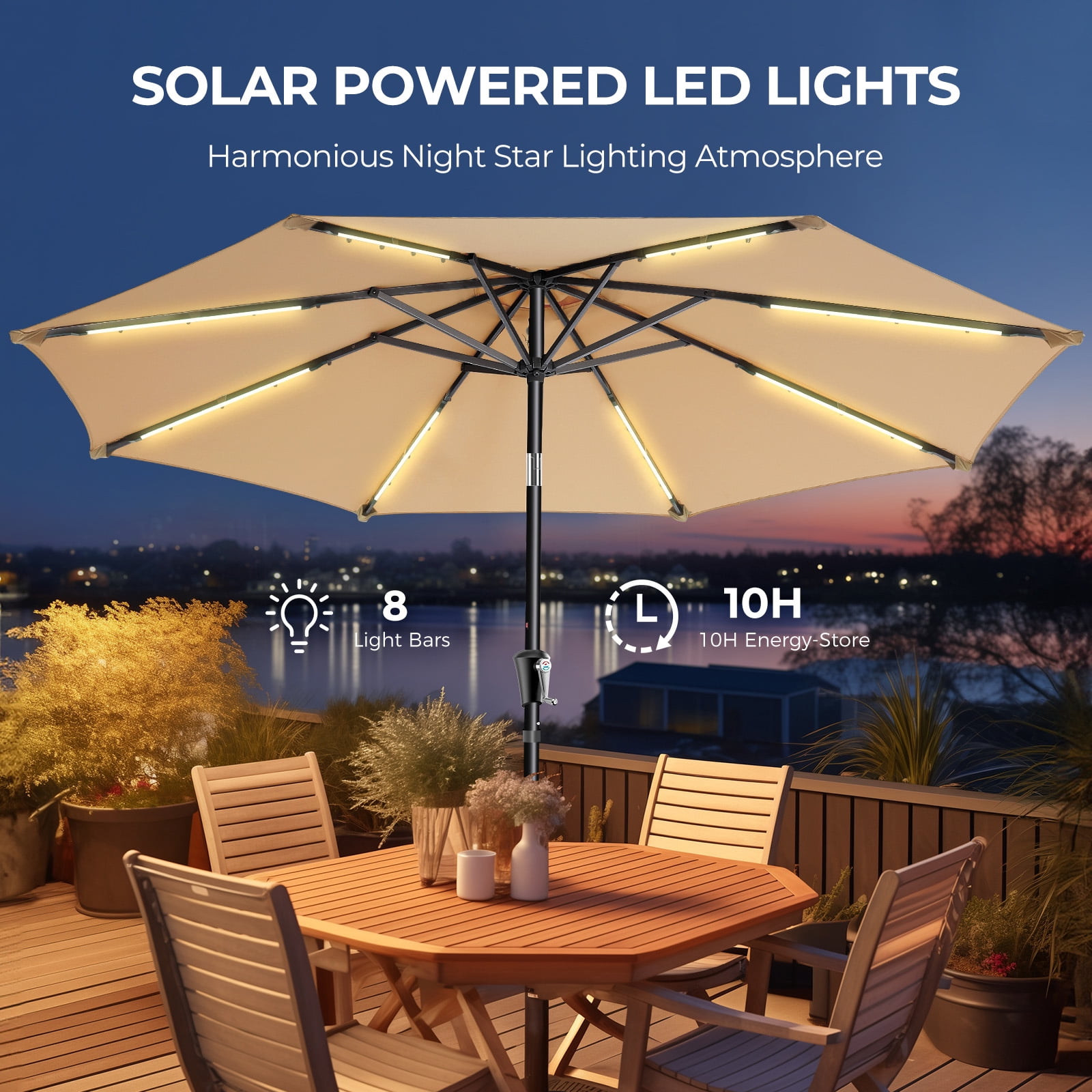 Patbrela 9FT Patio Umbrella Solar Lighted Outdoor Umbrella with LED Strips, Convenient Crank Lift System, for Beach, Gargen, Yard, Home, Pool, Beige