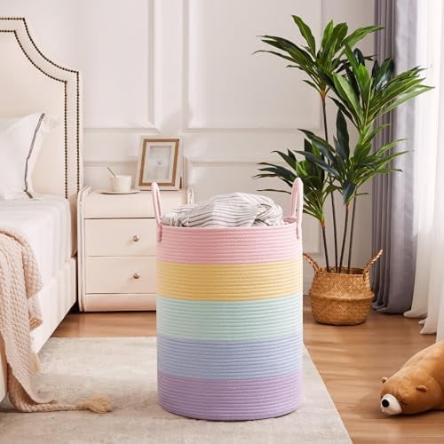 60L Hamper Laundry Basket for Baby Girls Kids Rainbow Nursery Hamper for Clothes Pastel Unicorn Woven Rope Blanket Basket for Toy in Playroom Bedroom 15Dx20H inches Large