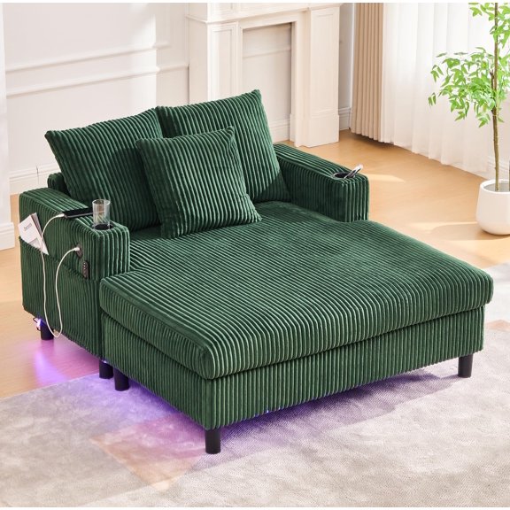 Oversized Chaise Lounge Chair Indoor,Upholstered Sofa Bed with LED Ambient Light&USB and Cup Holder, Comfy Corduroy Sleeper Couch Reading Chairs for Living Room,Movie Rooms,Bedroom(Pink)