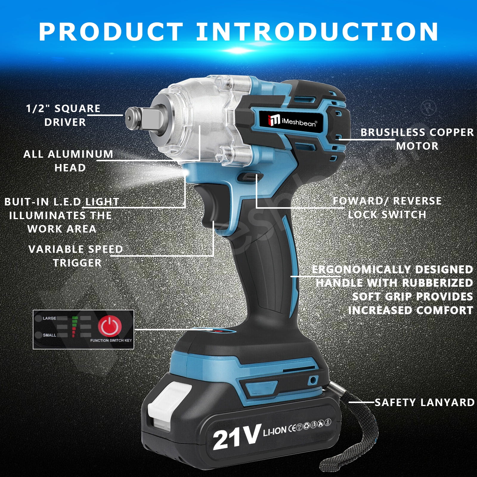 iMeshbean Cordless Impact Wrench 21V 1/2" Electric Impact Gun Kit, Screwdriver High Torque Repair And Installation Tools with 1 PACK 3.0Ah Battery & Fast Charger, 6pcs Socket