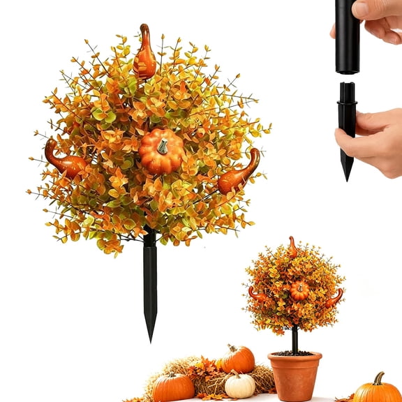 Fall Pumpkin Artificial Flowers for Outdoors with Ground Stakes,22" UV Resistant Artificial Outdoor Plants with Orange Leaves & Gourds,Halloween & Thanksgiving Decor 1 Pcs