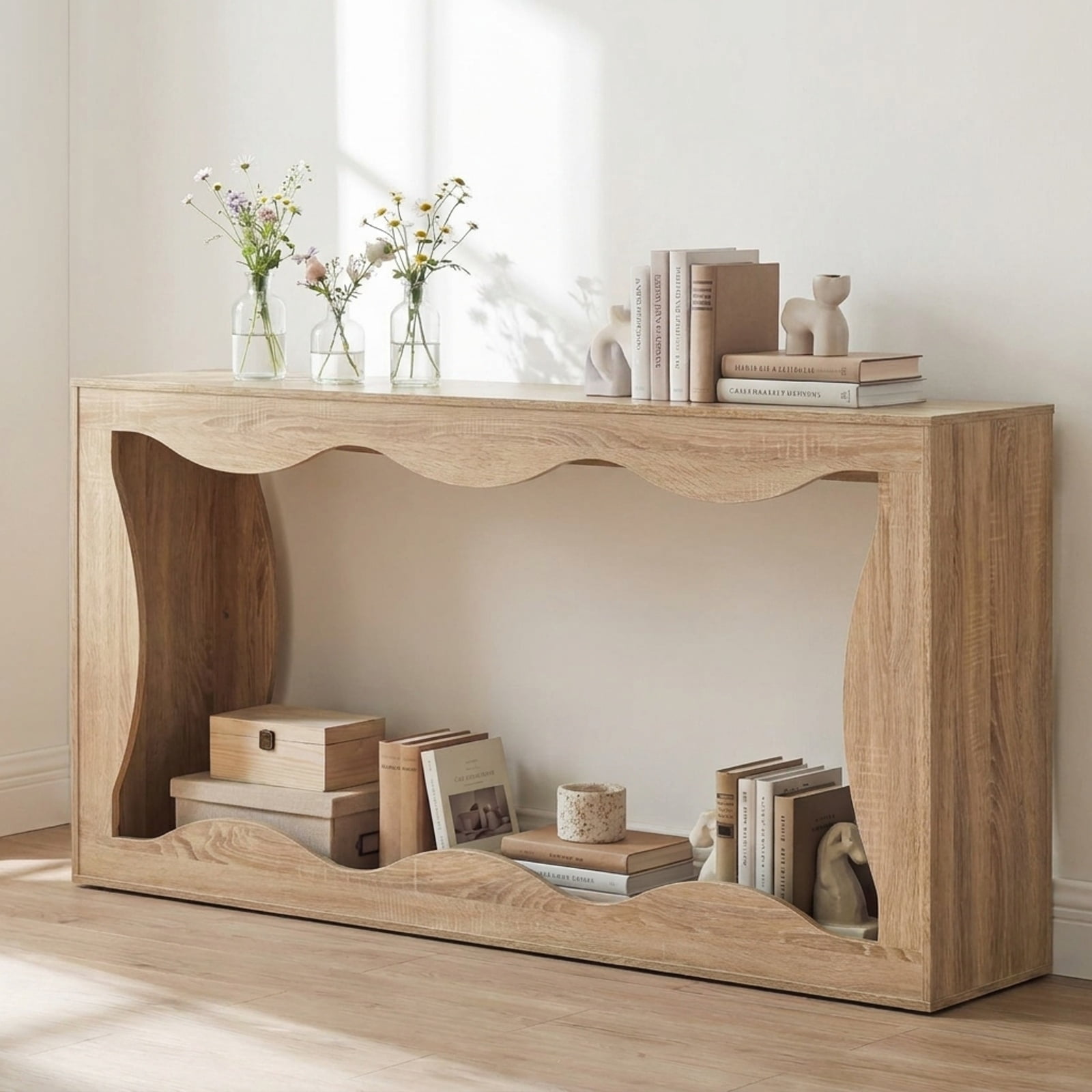 Furnibear 63 Inch Long Narrow Console Table 2 Tier Entryway Table with Wavy Edge Storage Shelf for Hallway Living Room, Natural