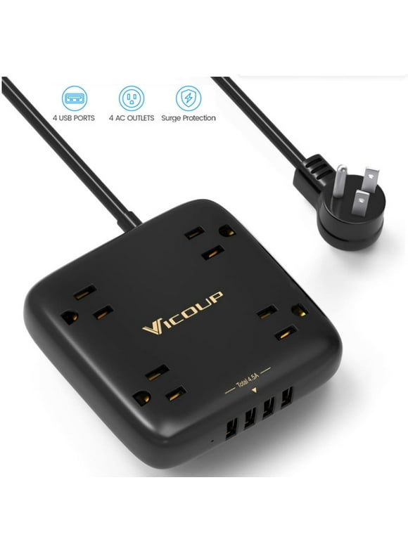 VICOUP Surge Protector Power Strip with 4 Outlet 4 USB (total 5V/4.5A) Flat Plug Outlet Extender 4.5 ft Black