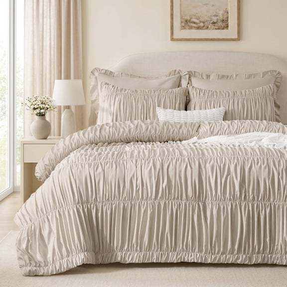 Lipa Queen Size Comforter Set,5-Piece Bed in a Bag,All Season Bedding Set,Ruched Design,Comforter,Pillowcases and Shams,Beige