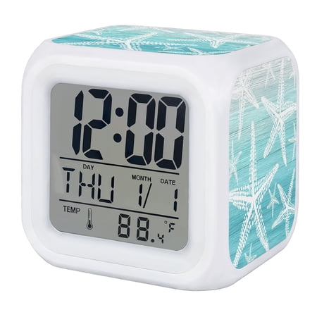 Alarm Clocks Ombre Teal Starfish Digital Clock 7 Color LED Night Light Silent Non-Ticking Battery Operated Summer Beach Coastal Cube Clocks for Bedroom Bedside Living Room Office School Decor