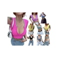thumbnail image 4 of Aojekbee Women Crop Basic T-Shirts Summer Contrast Color Notched Neck Cap Sleeve Tops Casual Pullover for Streetwear, 4 of 10