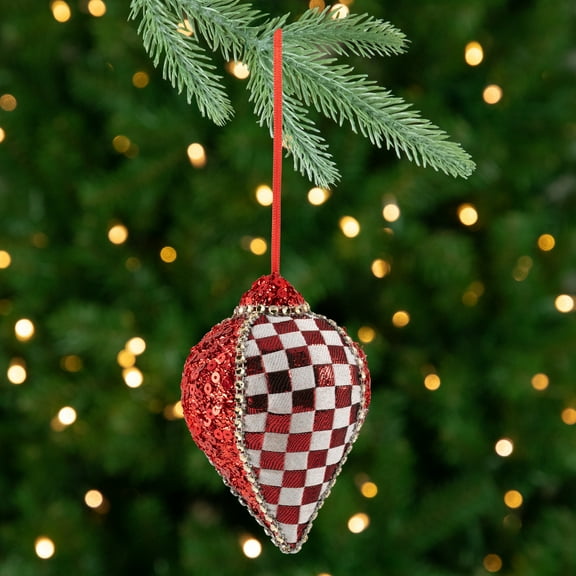 Northlight Sequined and Checkered Teardrop Christmas Ornaments - 4.75" - Red  - Set of 2