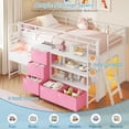 thumbnail image 4 of Low Loft Bed Twin Size with 6 Storage Drawers, Twin Metal Loft Beds with Desk, LED Lights and Storage Bookshelf, Modern Loft Bed Frame for Teens, Full-Length Guardrail & Ladder, White&Pink, 4 of 10
