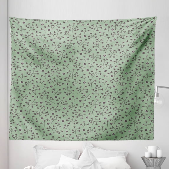 Floral Tapestry, Botanical Layout of Small Flowers Leaves and Branches Natural Greenery, Fabric Wall Hanging Decor for Bedroom Living Room Dorm, 5 Sizes, Peacock Green Eggplant, by Ambesonne