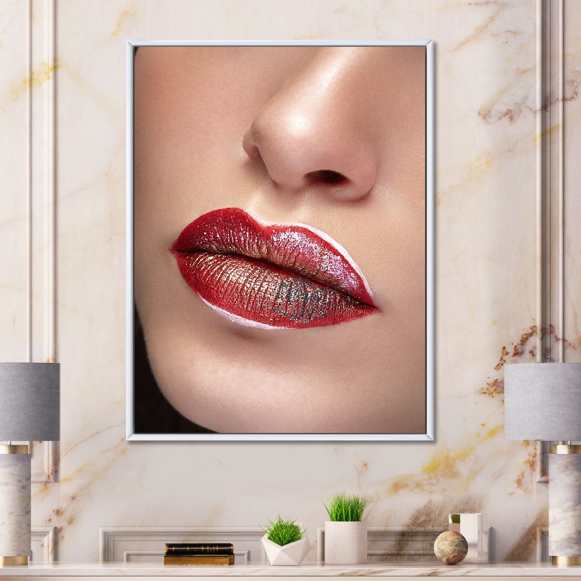 Close Up Lips With Professional Lipstick and Make Up 16 in x 32 in Framed Painting Canvas Art Print, by Designart