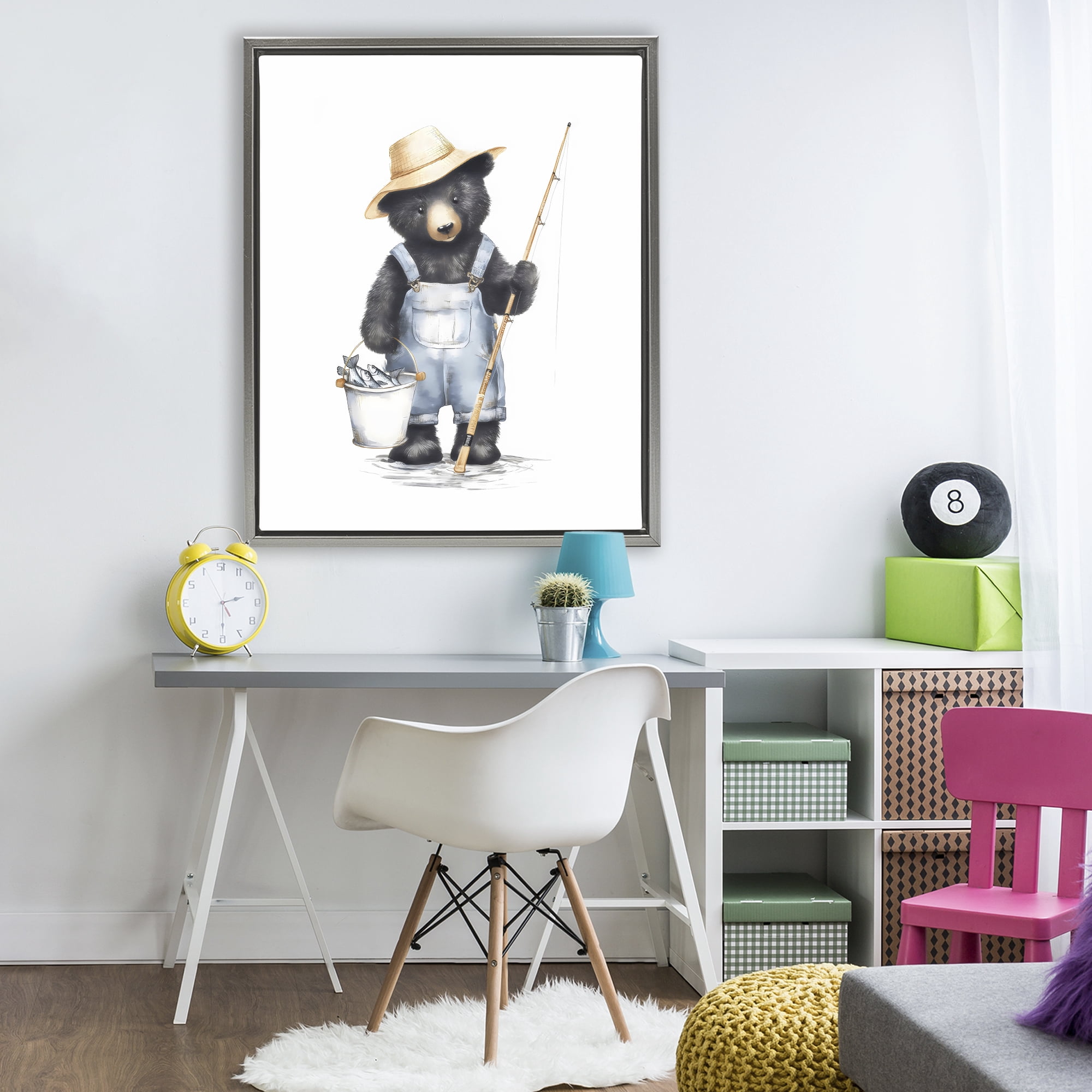 Stupell Industries Fishing Bear in Straw Hat Gray Framed Floater Canvas Wall Art, design by Arlington Prints