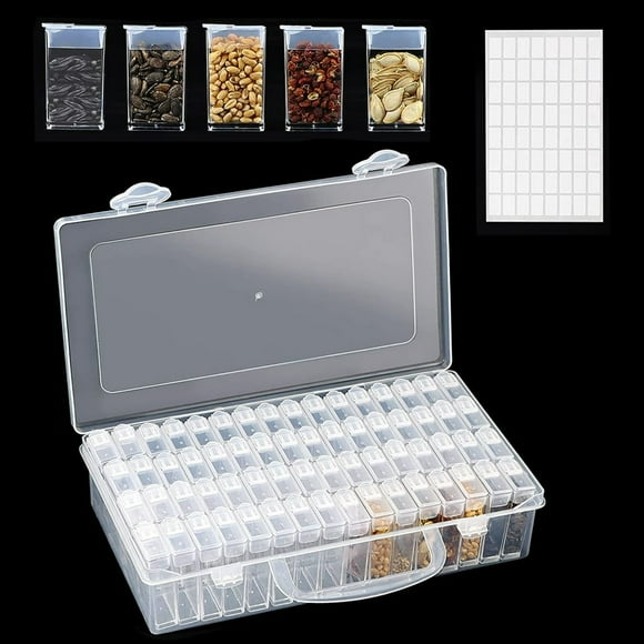 Dosaele 64 Grids Plastic Seed Storage Box Seeds Storage Organizer with Label Stickers Seed Container Storage for Flower Seeds Vegetable Seeds Clover Seeds Basil Seeds Tomato Seeds