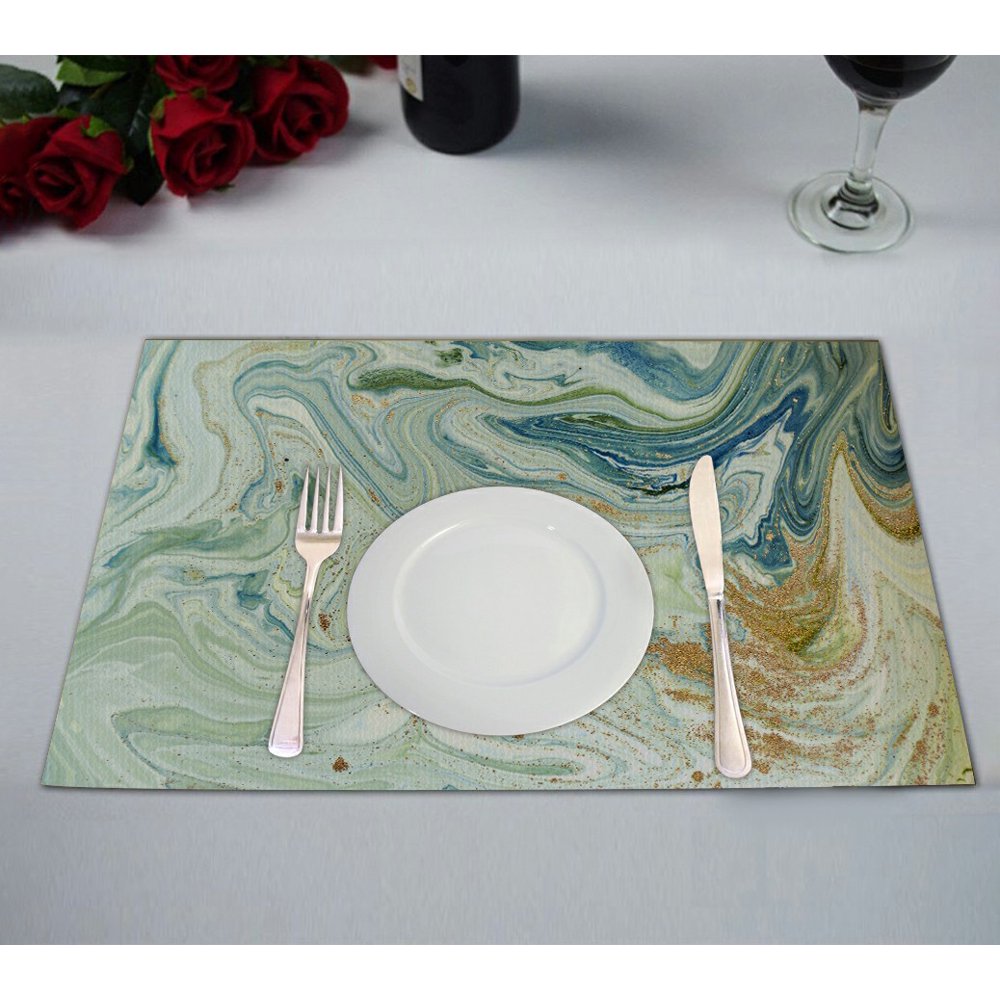 ABPHQTO Marbled Blue Green And Golden Liquid Marble Pattern Table