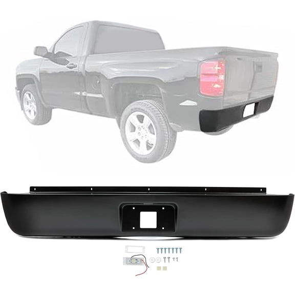 Kojem Steel Rear Roll Pan Bumper W/ License Light Compatible With 2007-2013 Silverado 1500 Fleetside Bed Truck Black