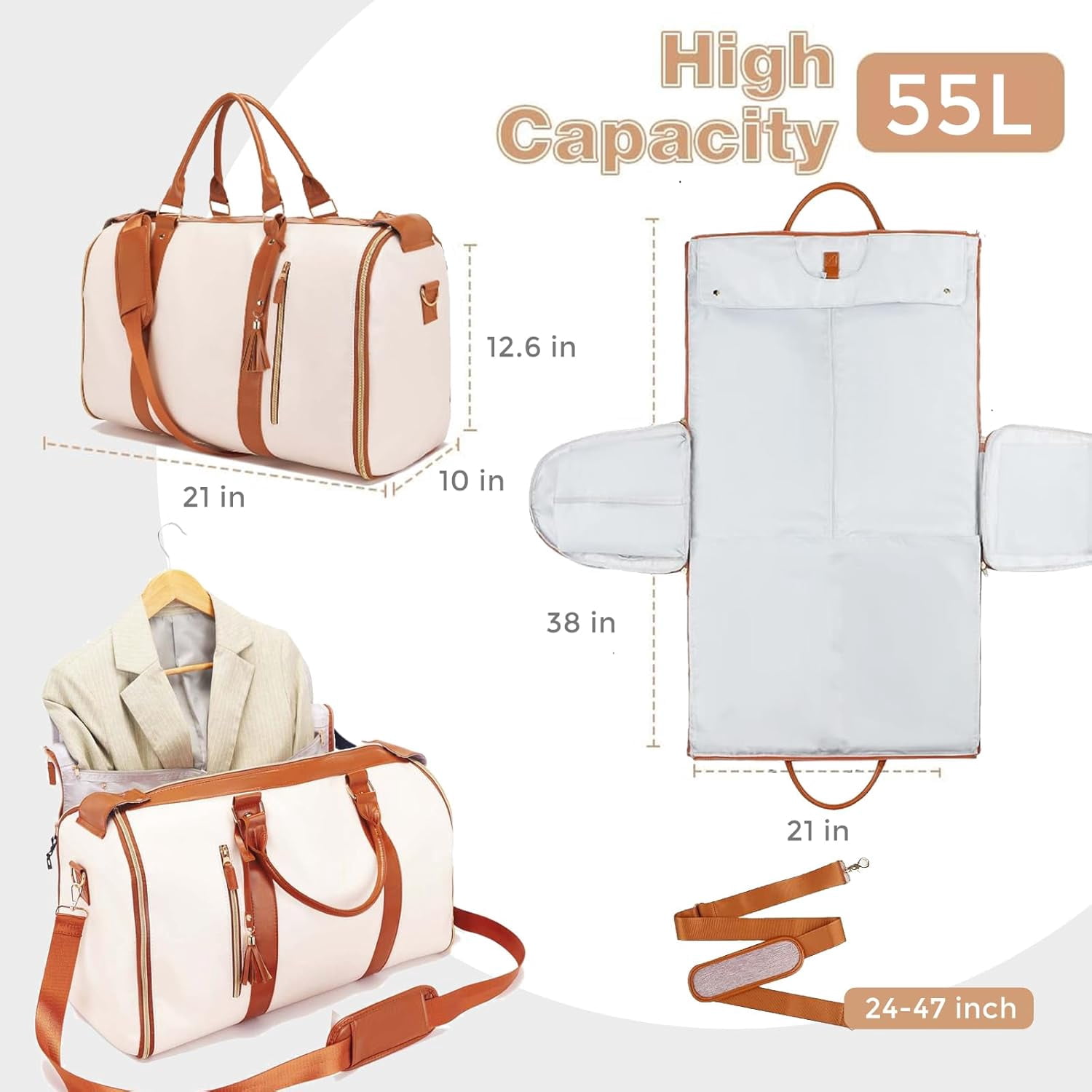 hanging suitcase, travel garment bag, pink weekender, lightweight PU leather, durable shoe pocket, womens adjustable bag, portable user-friendly design, spacious storage compartment